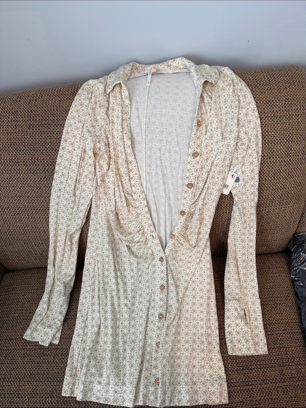 Free People Cream Printed Long-Sleeve Button Dress